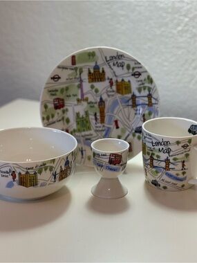 London Map Fine China 4 pc Set by James Sadler with Colorful London Illustration